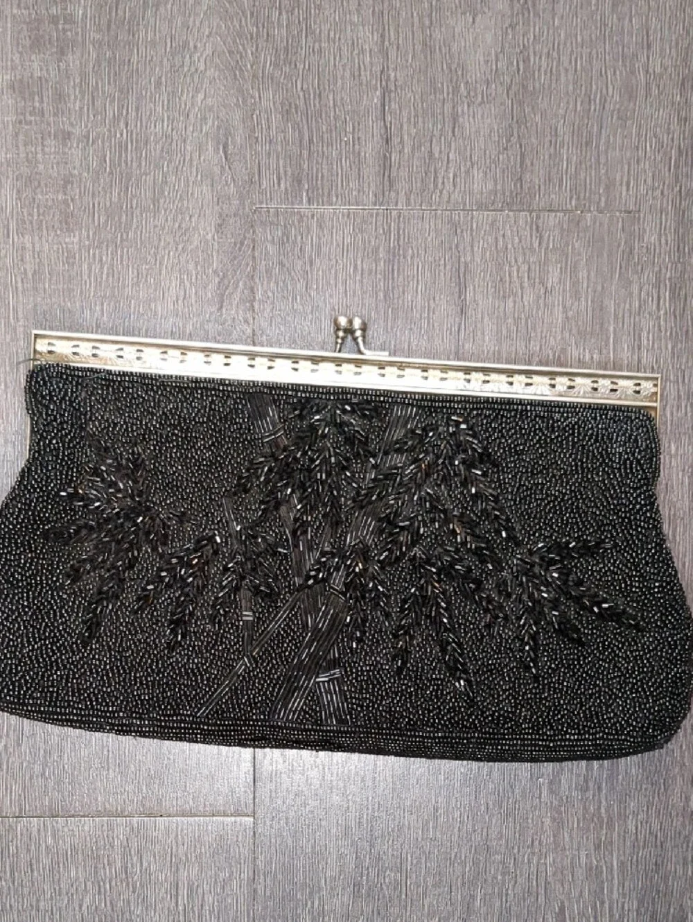 Vintage 50s Hand Beaded Black Evening Bag Clutch Silver Frame Purse Mid Century